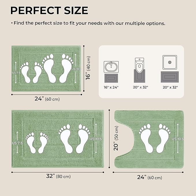 GRANNY SAYS Bathroom Rugs Sets 3 Piece, Soft Absorbent Microfiber Bath Mats for Bathroom Non Slip Washable, U-Shaped Toilet Bath Rugs for Tub Shower (Green, 16" x 24" + 20" x 32" + U Shaped 20" x 24")