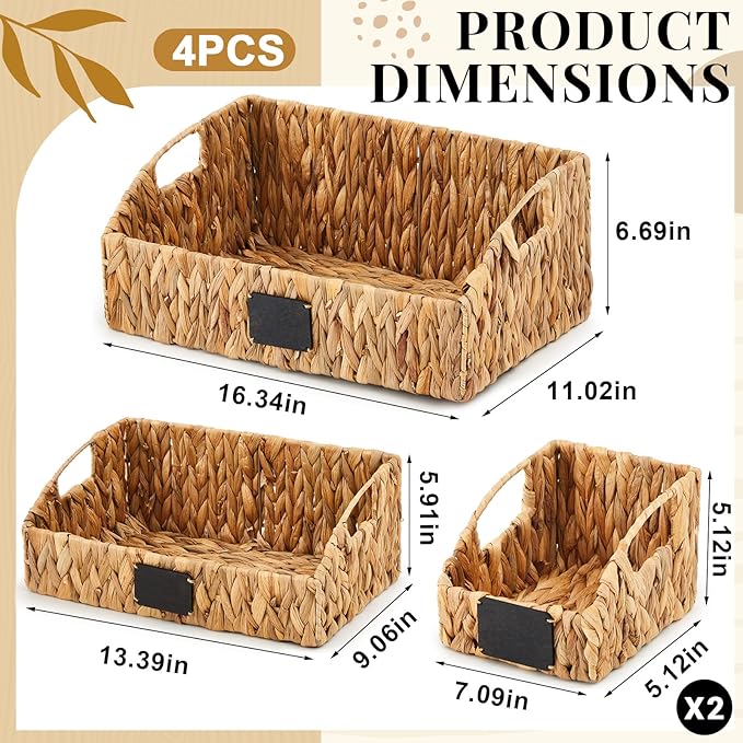 4 Pcs Hyacinth Storage Set Stackable Handwoven Wicker Baskets with Chalkboard Label Handles Woven Container Kitchen Large Small for Pantry Shelves Food Home Bathroom Decor