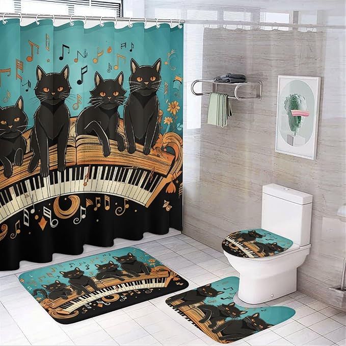 4-piece Bathroom Set with Waterproof Shower Curtain, Non-slip Absorbent Rug,Four Black Cats Lying on The Piano Keyboardprinting And Toilet Seat Cover - Bathroom Accessories And Decor for Modern Homes,