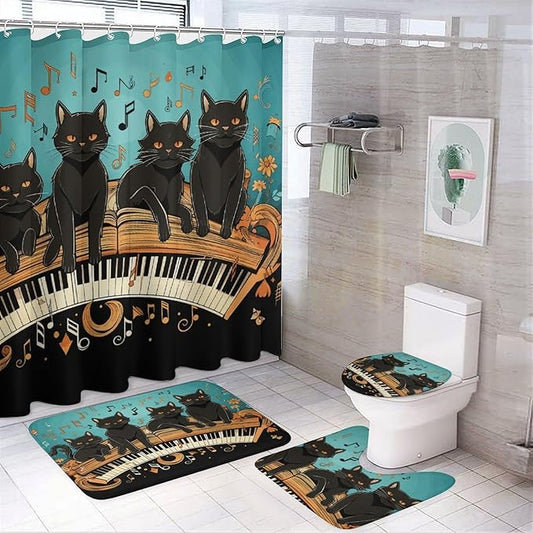 4-piece Bathroom Set with Waterproof Shower Curtain, Non-slip Absorbent Rug,Four Black Cats Lying on The Piano Keyboardprinting And Toilet Seat Cover - Bathroom Accessories And Decor for Modern Homes,