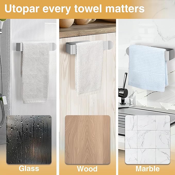 8 Inch Hand Towel Holder, Self Adhesive Towel Bar for Bathroom, Rustproof Aluminum U-Shape Towel Rack Stick on Wall, Brushed Silver