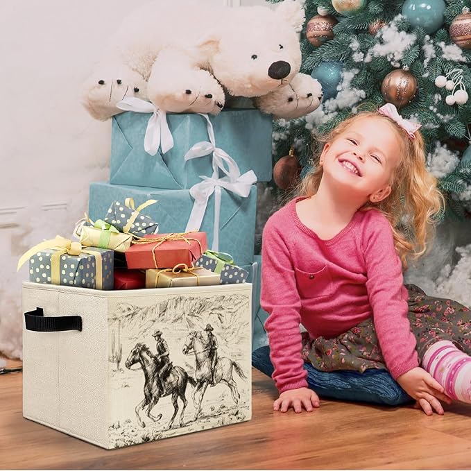 Vintage Western Cowboy Storage Bins Box with Handles, Rustic Wild West Desert Cowboy Riding Horse Laundry Basket Hamper Collapsible Clothes Toys Organizer for Bedroom Bathroom Home