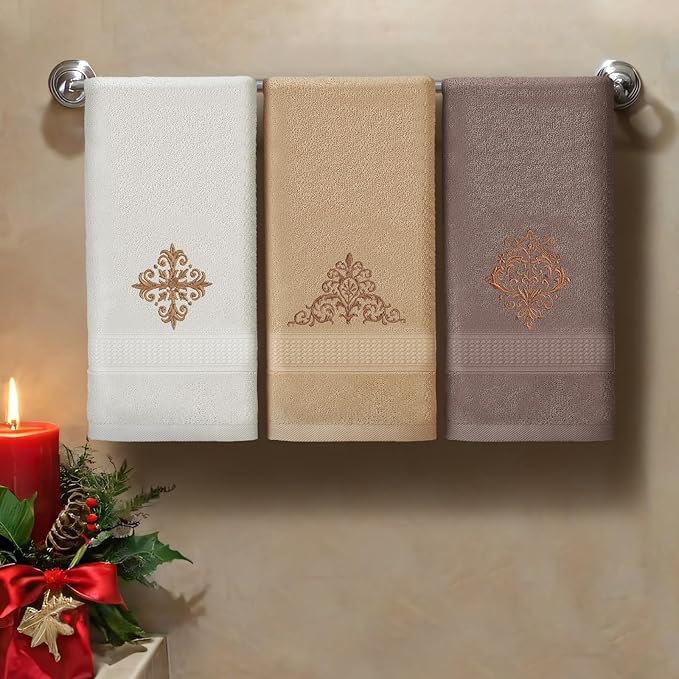 3 Pcs Vintage Brown Hand Towels Fancy Decorative Bathroom Towels 13.3 x 29.5'' Luxury Damascus Embroidered 100% Cotton Soft Absorbent for Bathroom Kitchen Boho Decor