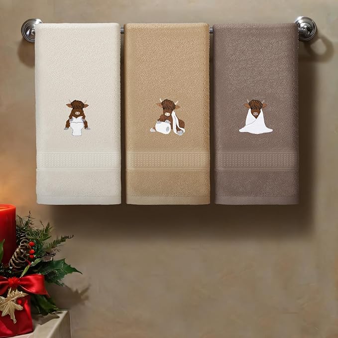 3 Pcs Highland Cow Hand Towels Embroidered Cow Farmhouse Decorative Bath Towels for Bathroom Kitchen Decor Country Farm Highland Holiday Housewarming Gifts, 100% Cotton, 13.3 x 29.5''