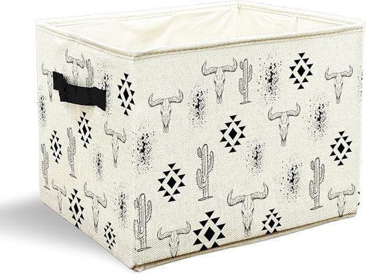 Western Storage Bins with Handles, Western Room Decor, Southwest Country Aztec Cactus Bull Skull Collapsible Laundry Basket Storage Box for Home Bedroom Bathroom Clothes Toys Books