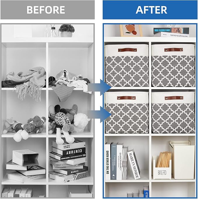 Temary 13ﾗ13ﾗ13 Foldable Storage Cube Baskets Fabric Cube Storage Basket for Organizing Cloth Storage Bins with Leather Handles for Gifts Empty, Closet (Grey Lattice)