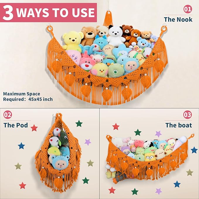 Stuffed Animal Storage Hammock Corner w/LED Star Light, 56'' Large Boho Tassel Leaf Cotton Net Holder for Teddy Plushie, Golden Yellow Nursery Hanging Organizers Toy Hammock Net for Girls Boys Gift