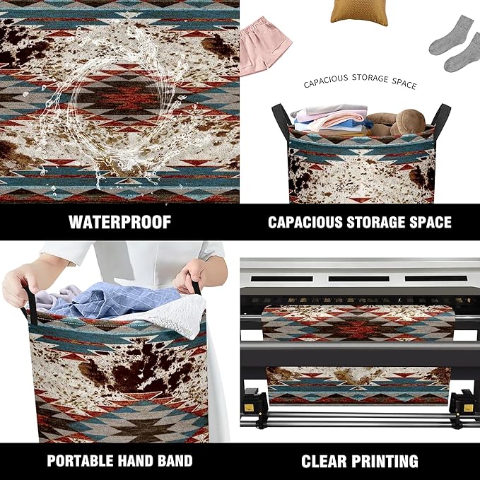 Western Aztec Cow Print Baby Laundry Hamper,Laundry Basket,Waterproof Storage Bin for Bedroom,Clothes Organizer Basket,Toys Box,Room Decor