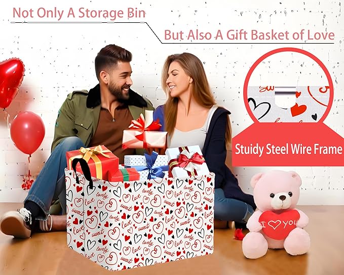 Large Valentine's Day Basket Heart Shaped Storage Bin for Gifts Collapsible Organizer Room Decor (Black Red Empty Lines Love)