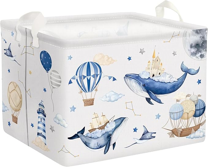 Clastyle Flying Whales Turtle Baby Storage Basket Large Sea Animal Boy Girl Book Gift Toy Bin Collapsible Bedroom Kid Clothes Nursery Hamper