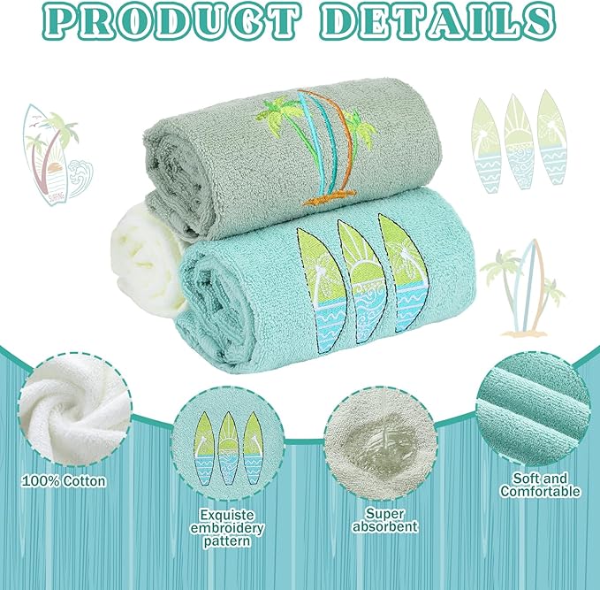 3 Pack Summer Surfboard Hand Towels for Bathroom 100% Cotton Embroidered Beach Bathroom Towels 13.78 x 29.53 Inch Soft Absorbent (Green Series, Surfboard)
