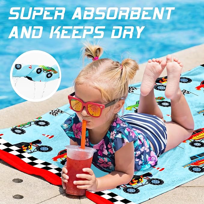 Hooded Towels for Kids -Monster Toddler Beach Towel- Super Absorbent & Quick Dry 100% Cotton 35x60 Inch - to Kid Ages 3-12-Truck Cars Swim Towels