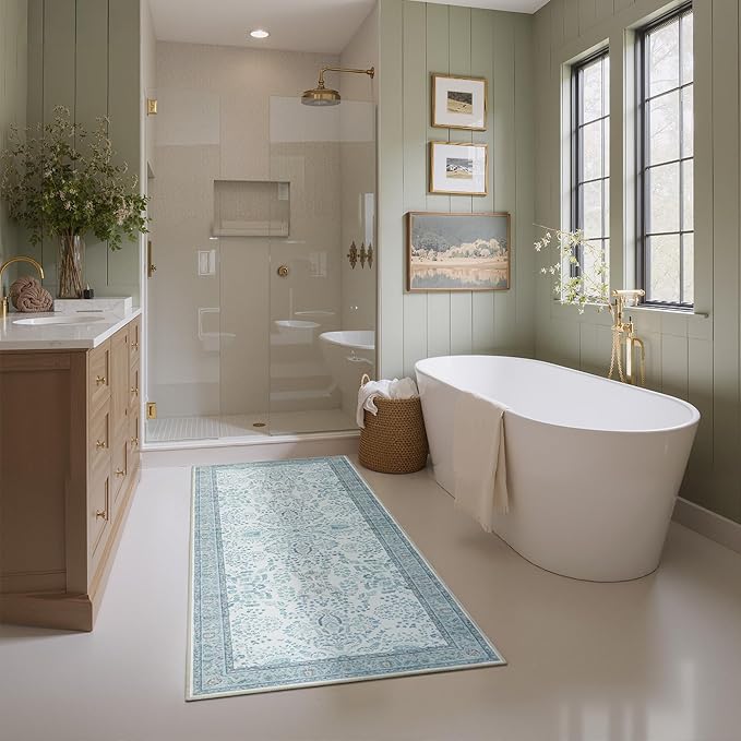 GRANNY SAYS Boho Bathroom Runner 47"x 18" Non-Slip,Quick Dry & Washable Vintage Bath Rug,Distressed Farmhouse Plush Velvet Bath Mat for Sink Shower and Bathtub, Vintage Blue
