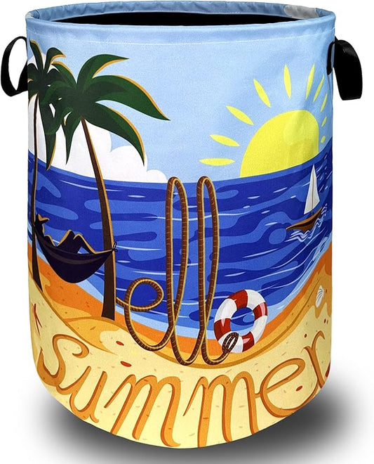 Hello Summer Laundry Hamper Colorful Beach Happy Holiday Laundry Basket With Handles Foldable Oxford Cloth Portable Funny Tote Bag Clothe Toy Storage Bucket 18.9x16.5Inch For Bathroom/Laundry/Bedroom