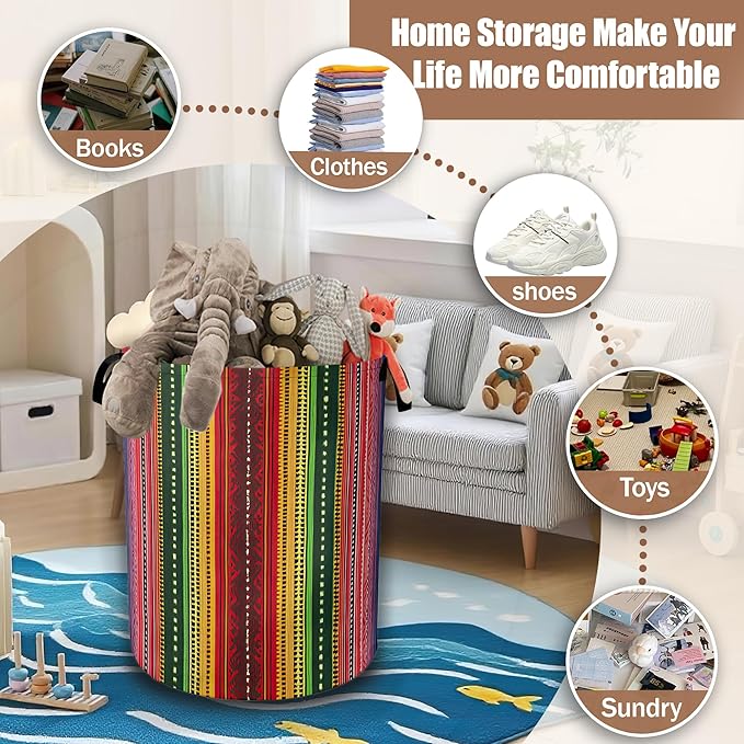 Mexican Laundry Basket,Ethnic Stripes Rainbow Laundry Hamper Waterproof Oxford Cloth Tote Collapsible,Clothes Storage Bucket Decorative Toy Organizer For Bathroom Bedroom 16" x 20.8"