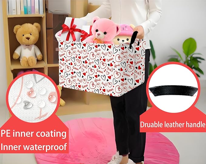 Large Valentine's Day Basket Heart Shaped Storage Bin for Gifts Collapsible Organizer Room Decor (Black Red Empty Lines Love)