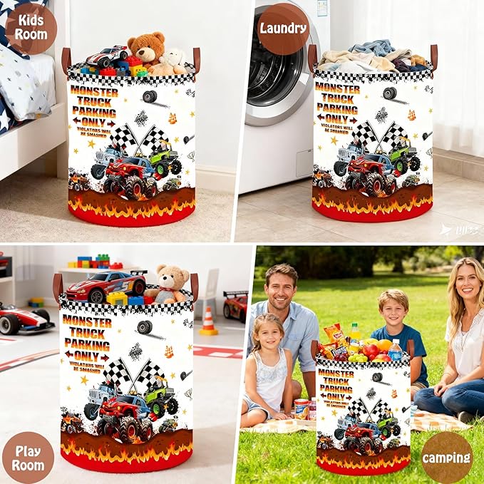 Monster Trucks Storage Basket Laundry Hamper with Monster Truck Parking Sign,Car Room Decor for Boys,Kids Laundry Basket Gift Bag Storage Organizer(Monster Trucks-Flag)