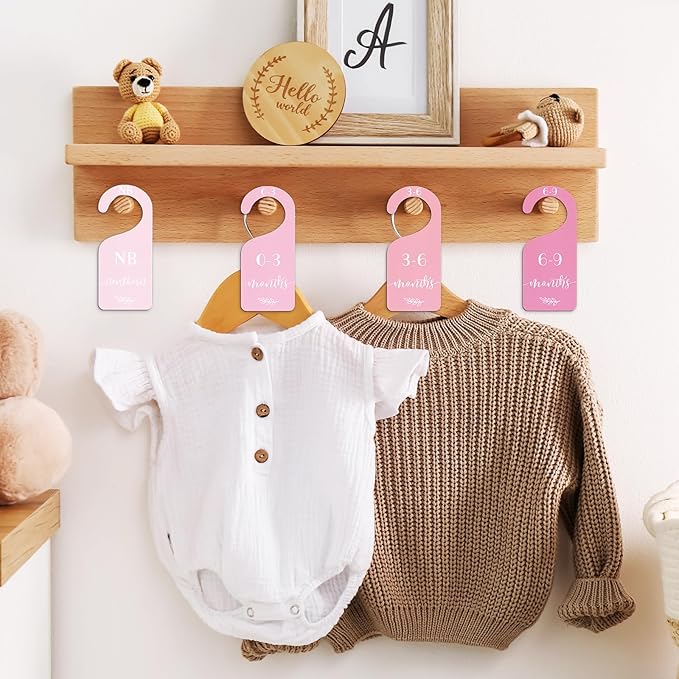 Whaline 7Pcs Pink Wood Baby Closet Size Dividers with Velvet Bag Newborn to 24 Month Thicken Infant Wardrobe Hanger Organizers for Home Nursery Party Favors Supplies