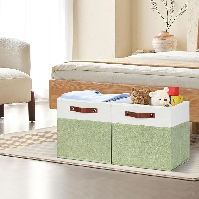 HNZIGE Fabric Storage Cubes for Shelves Set of 4,Storage Cubes Baskets 12 x12, Decorative Storage Bins Basket with Handles, Green Baskets for Organizing Home Nursery(Green White)