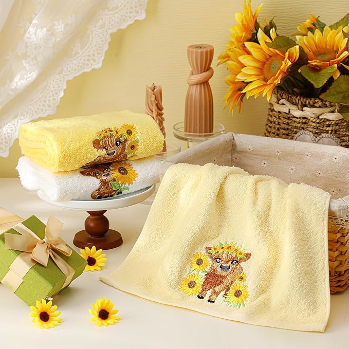 3 Pcs Sunflower Highland Cow Hand Towels Embroidered Highland Cow Farmhouse Yellow Decorative Bathroom Towels for Bathroom Kitchen Decor, 100% Cotton, 13.3 x 29.5''