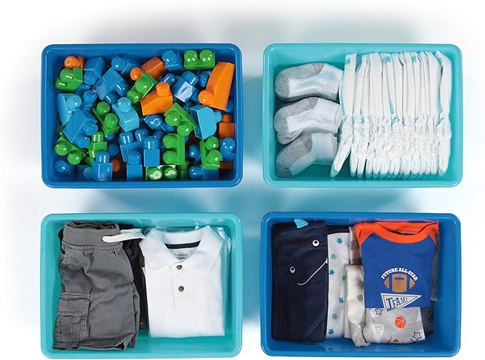 Humble Crew Toy Storage Bins for Kids, Set of 4, Navy/Teal, Large - Sturdy, Colorful Plastic Storage Bins for Classroom, Playroom, Nursery, and More - Premium Toddlers Toy Organizer Bins