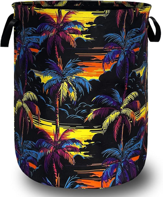 Colorful Palm Tree Laundry Basket Foldable Oxford Cloth Hawaii Laundry Hamper With Handle Portable Clothes Storage Organizer Basket 18.9"x16.5" Storage Bag For Laundry Room/Bathroom/Bedroom