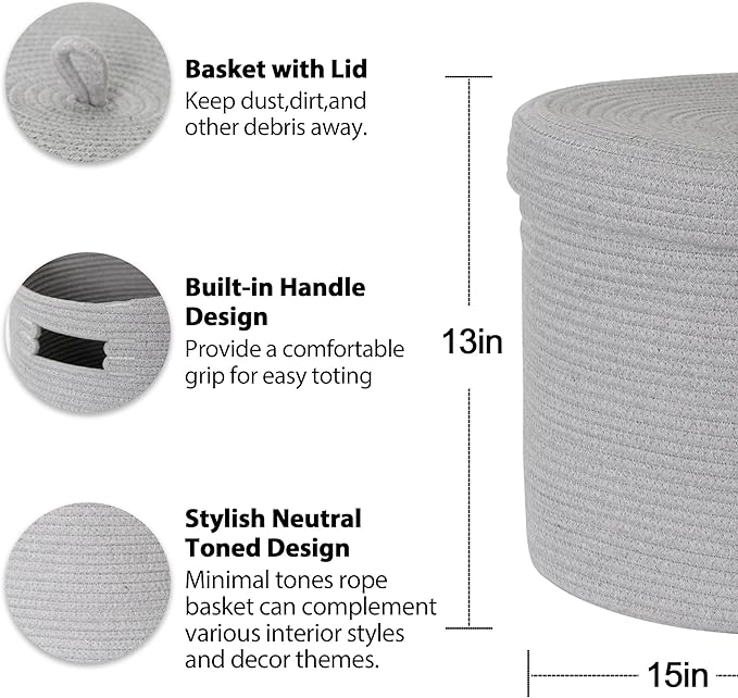 Gray Basket with Lid, 15” x 13” Woven Storage Basket for Blankets, Toys, Pillows, Towels, Living Room Bedroom Storage Bin, Round Rope Basket with Lid, Wicker Baskets for Organizing