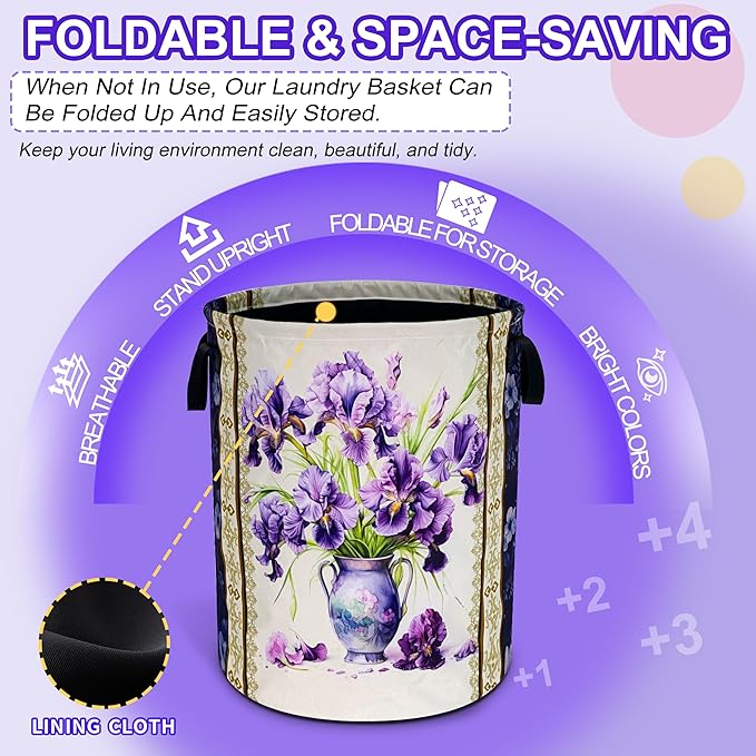 Iris Flower Laundry Basket Purple Floral Oxford Cloth Laundry Hamper Funny With Handle Foldable Portable Clothes Storage Basket 18.9 X 16.5 In Storage Bag For Laundry Room/Bathroom/Bedroom/Dormitories