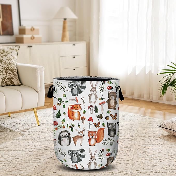 Cute Woodland Animal Laundry Basket, Laundry Hamper Collapsible Oxford Cloth with Handle Clothes Toy Storage Bin for Bathroom Laundry Room Bedroom 15.7 X 20 Inch