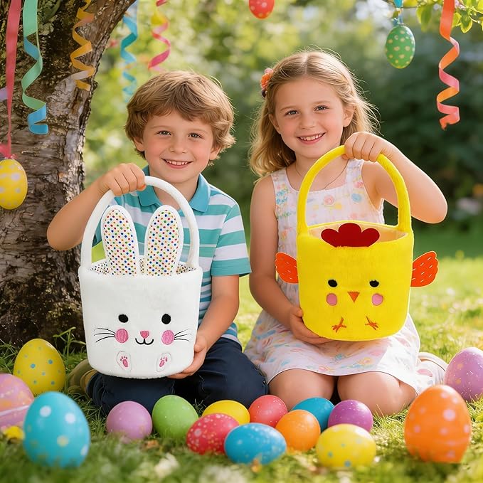 DearSun 2 Pcs Easter Basket Bunny & Chick Plush Baskets, Easter Egg Hunting Basket for Kids Gifts Party Decoration Supplies, Dia 8" * H 15.7"