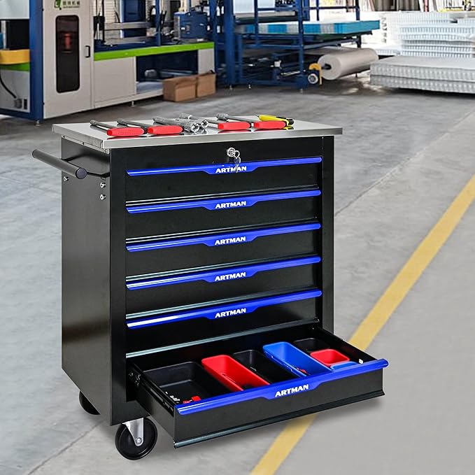 6 Drawers Rolling Tool Chest Cart PLUS ,Tool Storage Cabinet With 4 Wheels.Tool Cabinet Trolley With Locking System and Stainless Steel Countertops.Tool Storage Cart for Garage,Workshop,Warehouse