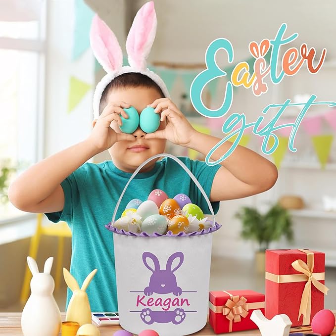 Easter Baskets for Girls Boys, Personalized Easter Basket with Name - Cute Purple Bunny