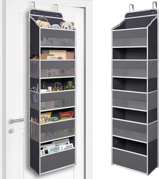 Over Door Organizer with 5 Large Pockets, Heavy Duty Hanging Organizer Storage, Closet Bathroom Nursery Bedroom Dorm, Toys Cosmetics Sundries and Baby Essentials, Gray