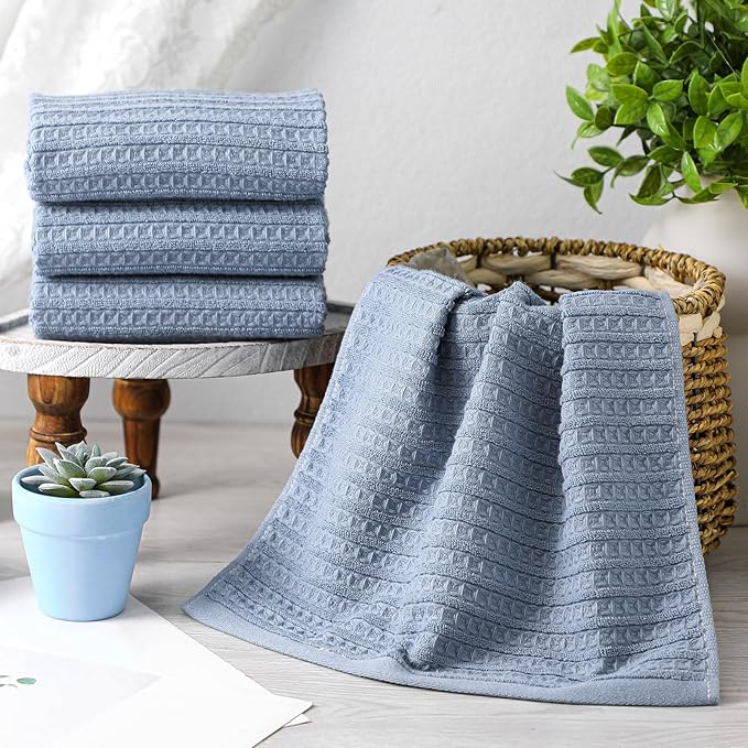4 Pack Blue Hand Towels Waffle Striped Pattern 100% Cotton Soft Hand Towels for Bathroom 13 x 29 Inch Absorbent Waffle Washcloths for Bathroom Kitchen