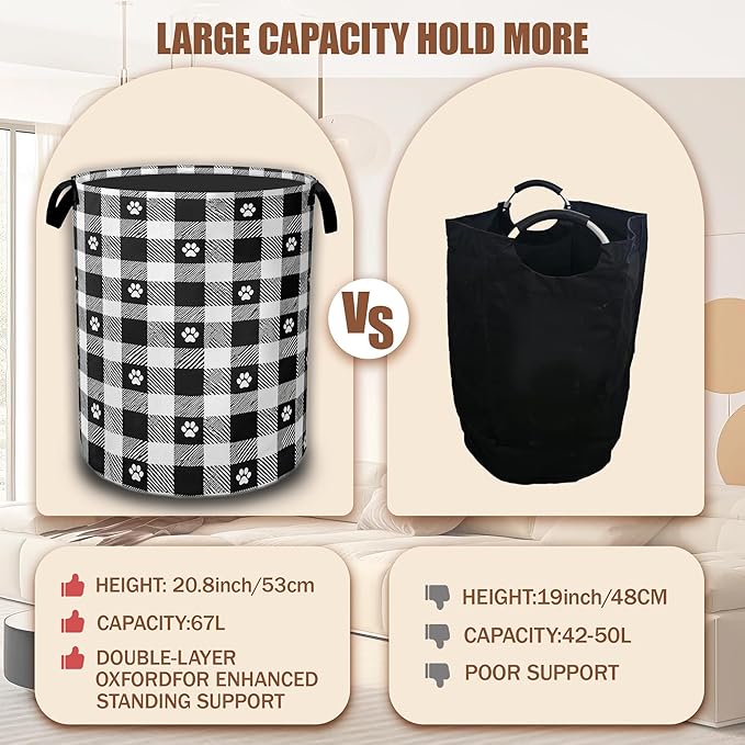 Black White Plaid Laundry Basket,Waterproof Foldable Cat Paws Laundry Hamper,Dirty Clothes Basket, Linen Bin Storage Organizer Collection 16" x 20.8"