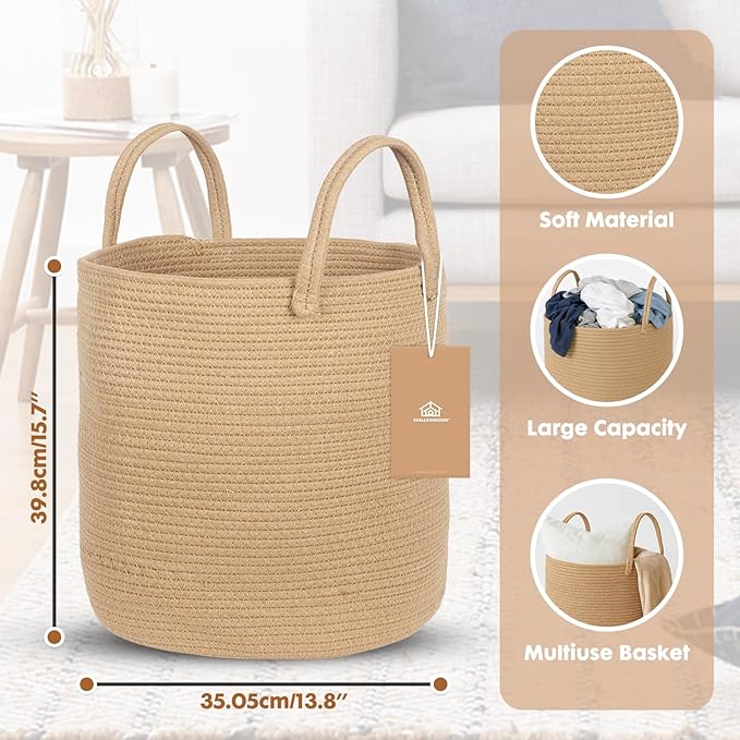 ShellKingdom Laundry Basket, Large Natural Rope Woven Storage Basket with Handles for Home, Living Room, Laundry, Storage Organizer for Blankets, Clothes, Plant, Toys, 15.7 x 13.8 INCH (Jute)