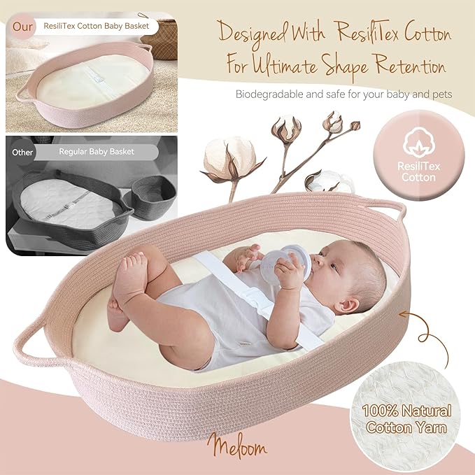meloom Baby Changing Basket with Pads and Safety Belt- 100% Cotton Boho Baby Moses Basket Changing Table and Thick Pad with Waterproof Mattress Cover, Nursery Decor in Pink Color with Storage Bag
