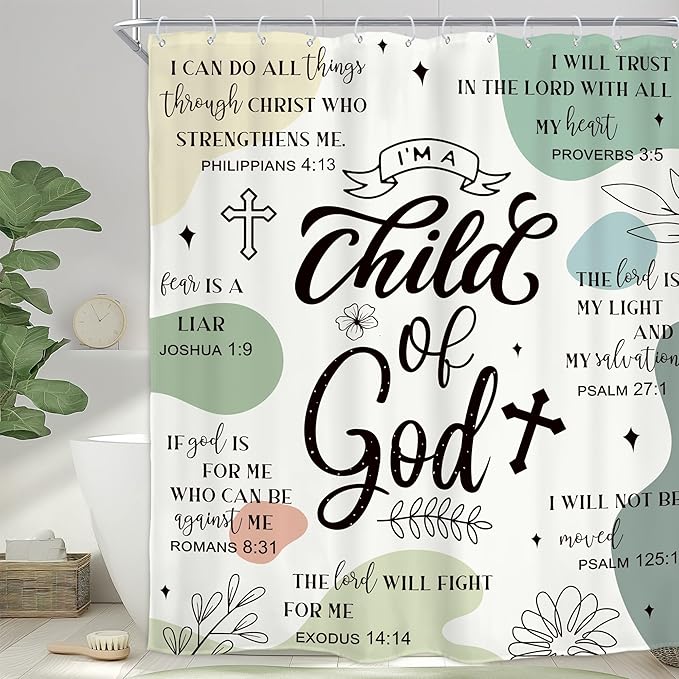 Homewelle Sage Green Abstract Bible Verse Shower Curtain Scripture Christian Boho Mid Century Inspirational Quotes 60Wx72H Inch Modern Minimalist Geometric Waterproof Polyester Fabric Bathroom Bathtub