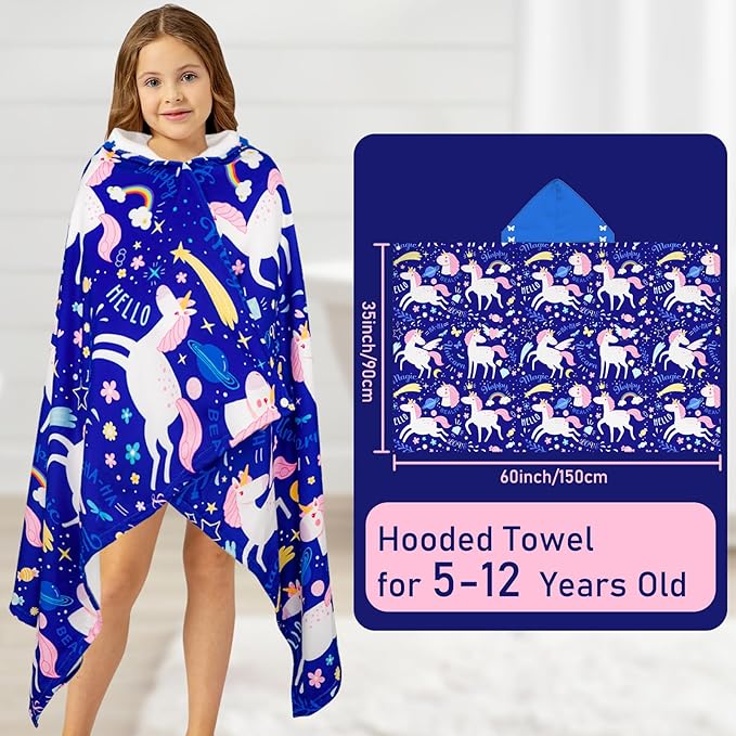 Hooded Towels for Kids Unicorn 60" x 35" Toddler Bath Beach Towel Poncho with Hood Super Soft and Absorbent 100% Microfiber for Girls Ages 5-12