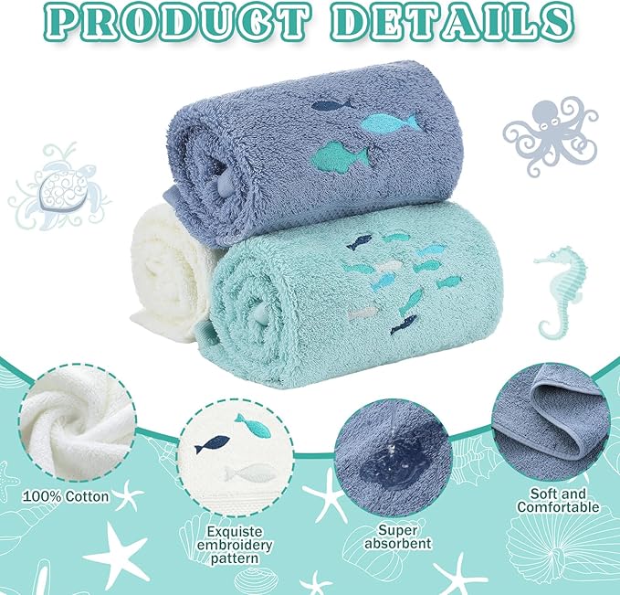 3 Pack Shoal of Fish Coastal Hand Towels for Bathroom 100% Cotton Embroidered Bathroom Towels 13.78 x 29.53 Inch Soft Absorbent (White Green Blue, Fishes)