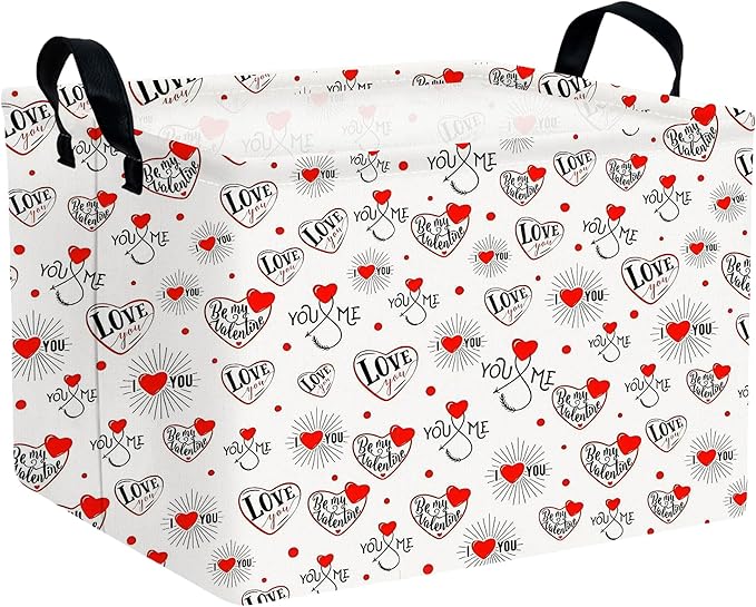 Large Valentine's Day Basket Heart Shaped Storage Bin for Gifts Collapsible Organizer Room Decor (Fireworks Res Love)