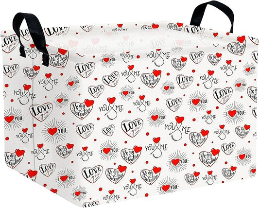 Large Valentine's Day Basket Heart Shaped Storage Bin for Gifts Collapsible Organizer Room Decor (Fireworks Res Love)