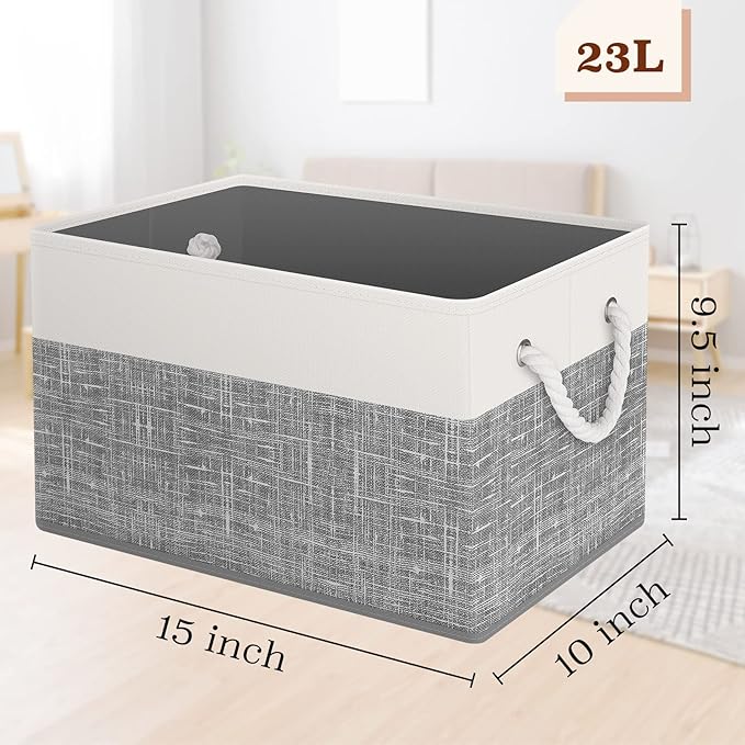 Storage Bin,Collapsible Storage Basket For Organizing,Large Storage Boxes With Rope Handles,Storage Containers,White & Grey,2 Pack