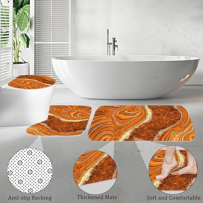 4PCS Orange Marble Bathroom Sets with Shower Curtain and Rugs, Abstract Gold Shower Curtain Sets with Rugs for Bathroom, Modern Bathroom Curtains Shower Set with Toilet Lid Cover Accessories