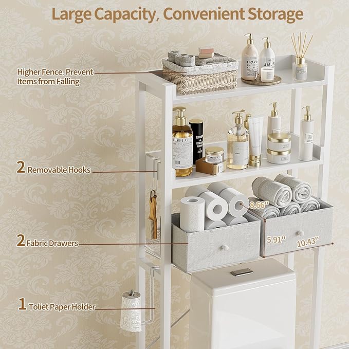 Housolution Over The Toilet Storage with 2 Drawers, 3 Tier Over Toilet Bathroom Organizer with Height Adjustable Shelves and Hooks, Space Saver Above Toilet for Bathroom/Restroom/Laundry, White