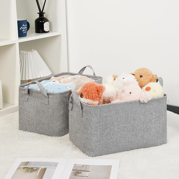Bidtakay Rectangular Storage Basket, Collapsible Cube Storage Bins for Shelves, Waterproof PE Coating Storage Bins with Handles for Organizing Toys, Books, Blankets (15x10x9 inch-Grey)