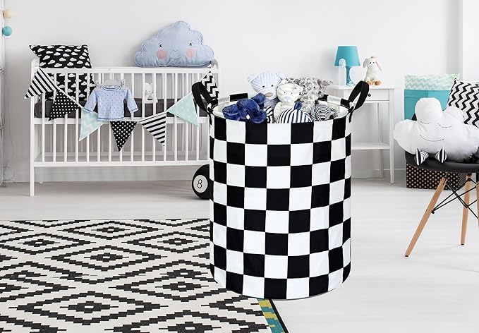 19.7 Inch Round Laundry Hamper Black Check Laundry Basket Fabric Storage Hamper Organization Basket, Storage Bin, Toy Box,Gift Basket with Handles for Room