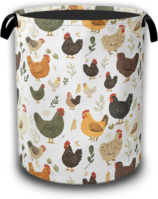 Cute Roosters Laundry Basket,Chicken Hens Plants Collapsible Laundry Hamper Waterproof Oxford Cloth With Handles,Clothes Storage Bucket Toy Organizer For Bathroom/Nursery/Bedroom 16" x 20.8"
