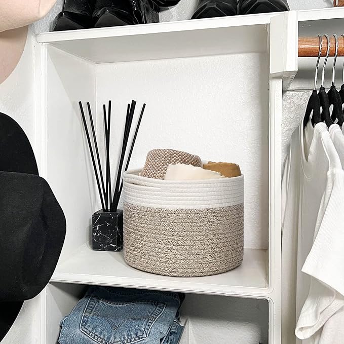 INDRESSME Mini Woven Storage Basket, 9.4 x 7.1 inches, Mini Round Rope Baskets with Handles, Dog Toy Storage, Mini Laundry Baskets for Organizing, Mini Toy Basket for Gifts Empty