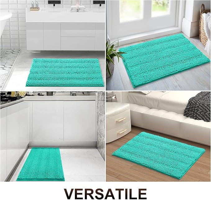 Grandaily Chenille Striped Bathroom Rugs 59x20, Extra Thick and Absorbent Bath Mats, Non-Slip Soft Plush Shaggy Shower Carpet, Machine Wash Dry, Bath Rug for Bathroom, Teal